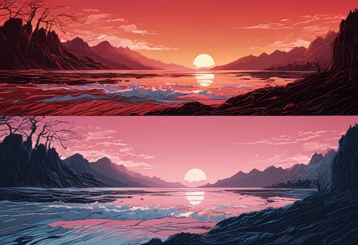 A dynamic visual representation depicting the transition from graphic novels to sensual animation, featuring a split scene where one side shows hand-drawn graphic novel panels filled with intricate lines and powerful storytelling, and the other side reveals colorful, fluid animation frames bursting with emotion and sensuality. Incorporate elements of both art styles, blending them seamlessly in the middle, with an alluring color palette that highlights the evolution. super-realistic. vibrant colors. cinematic lighting.